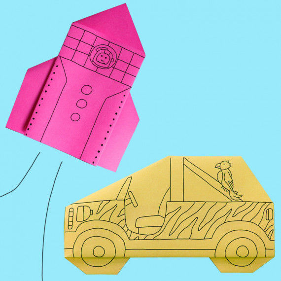 Origami Rakete und Jeep mit witzigen Illustrationen 