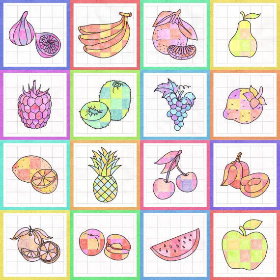 Obst-Ausmalbilder als Gruppenbild-Collage
