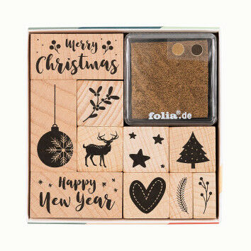 Stempel-Set mit 12 Weihnachtsmotiven + 2 Stempelkissen