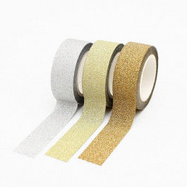Sandras-Bastelladen, Glitter Washi-Tape Klebeband 5 Rollen je 1,5cm x 3m -  Gold, Silber, Blau, Rot